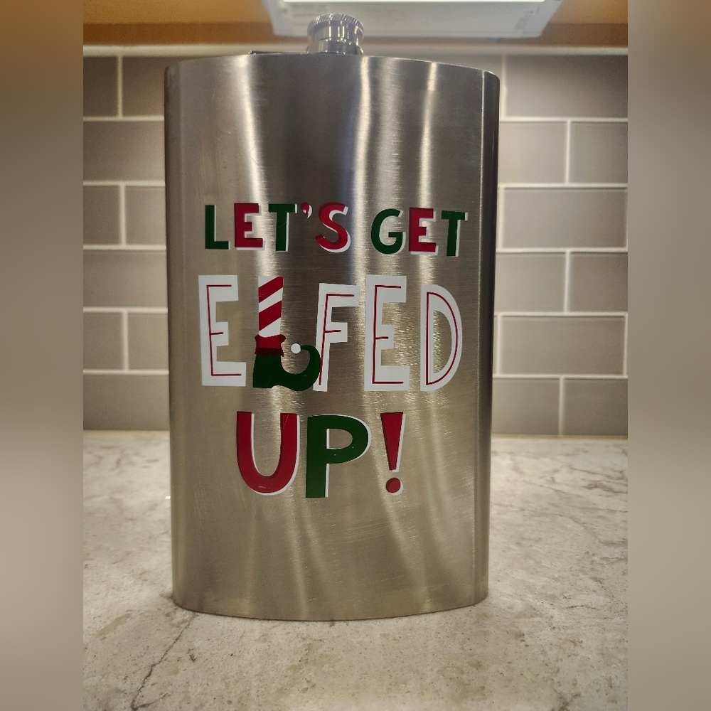Whimisical Christmas Holiday Let's Get Elfed Up 64oz Stainless Steele Flask